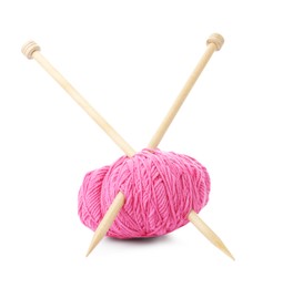 Ball of pink yarn and knitting needles isolated on white