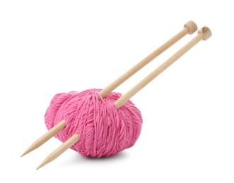 Photo of Ball of pink yarn and knitting needles isolated on white