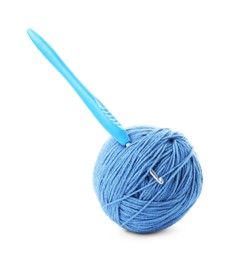 Photo of Ball of blue yarn and hook isolated on white