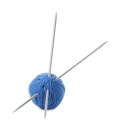 Photo of Ball of blue yarn and knitting needles isolated on white