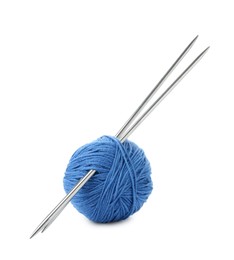 Photo of Ball of blue yarn and knitting needles isolated on white