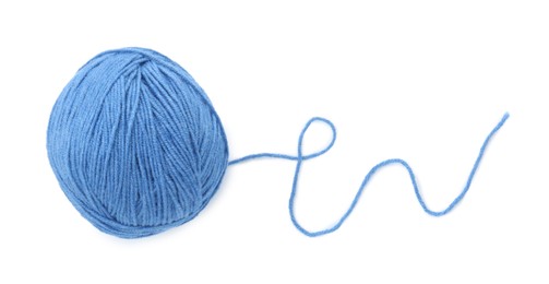 Photo of Ball of blue yarn isolated on white, top view