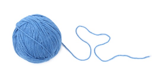 Photo of Ball of blue yarn isolated on white, top view