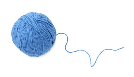 Photo of Ball of blue yarn isolated on white, top view