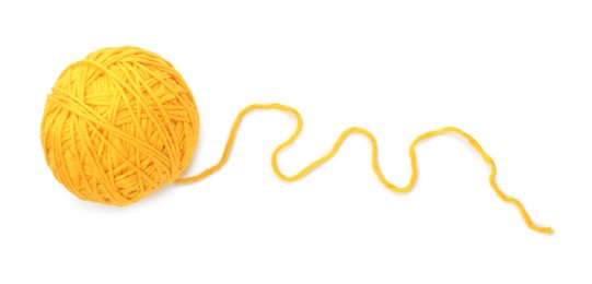 Photo of Ball of yellow yarn isolated on white, top view