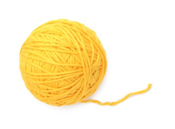 Photo of Ball of yellow yarn isolated on white, top view