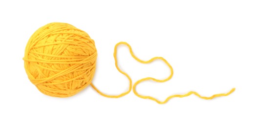 Photo of Ball of yellow yarn isolated on white, top view