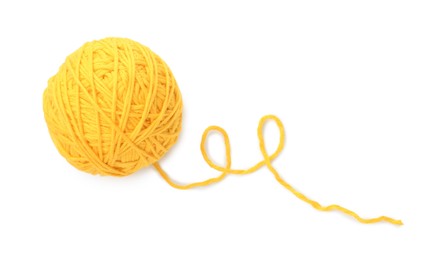 Photo of Ball of yellow yarn isolated on white, top view