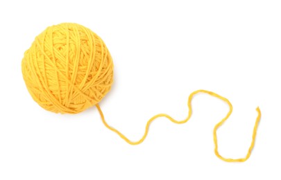 Photo of Ball of yellow yarn isolated on white, top view