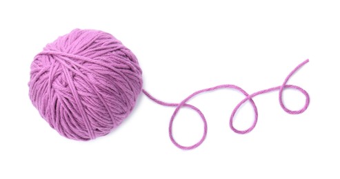 Photo of Ball of violet yarn isolated on white, top view