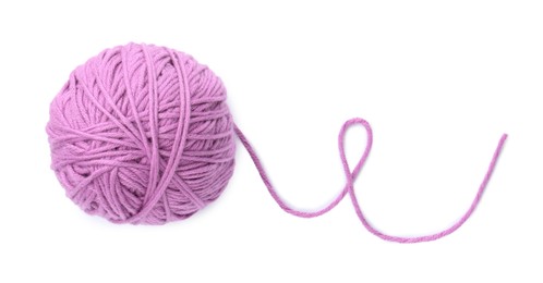 Photo of Ball of violet yarn isolated on white, top view