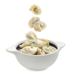 Image of Tasty boiled dumplings (pelmeni) falling into bowl against white background