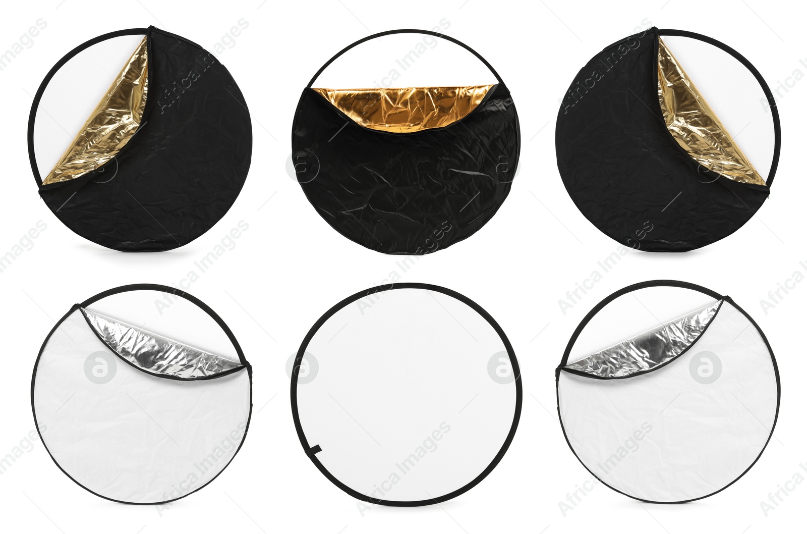 Image of Professional reflectors on white background, set. Photo studio equipment