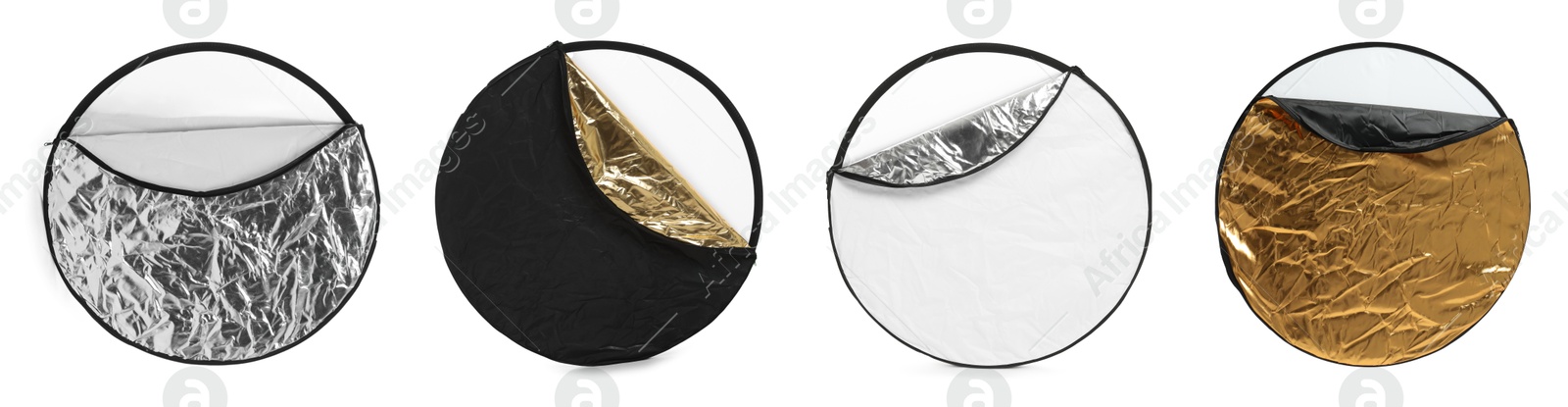 Image of Professional reflectors on white background, set. Photo studio equipment