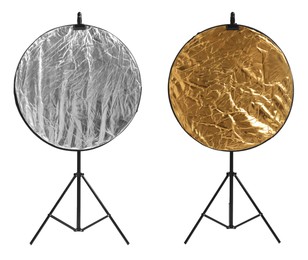 Image of Professional reflectors on white background. Photo studio equipment