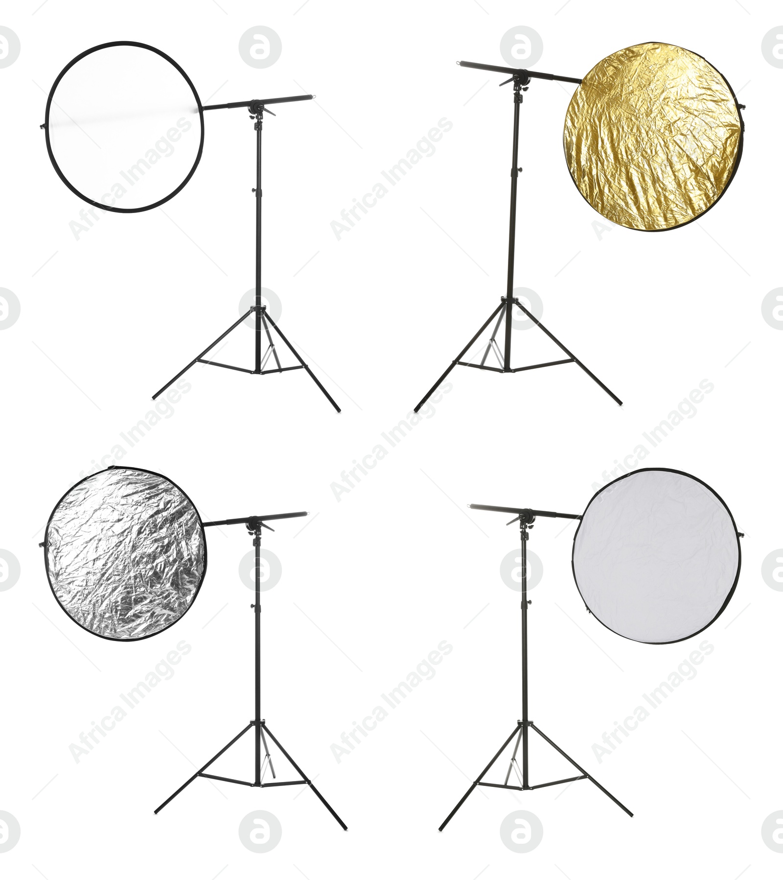 Image of Professional reflectors on white background, set. Photo studio equipment