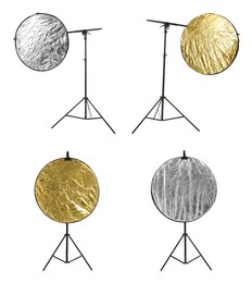 Image of Professional reflectors on white background, set. Photo studio equipment