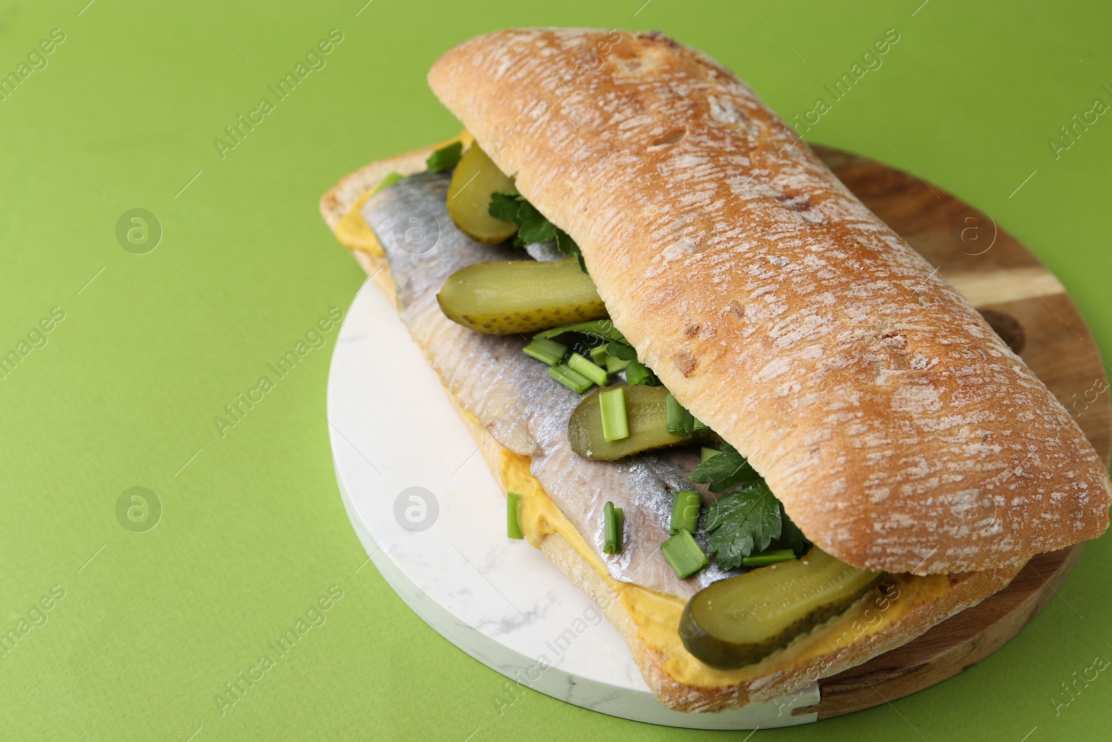 Photo of Tasty sandwich with herring, pickles, green onions and parsley on color background, closeup. Space for text