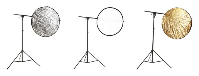 Image of Professional reflectors on white background, set. Photo studio equipment