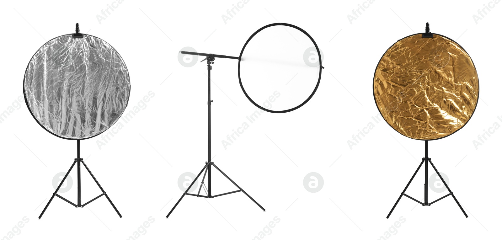 Image of Professional reflectors on white background, set. Photo studio equipment