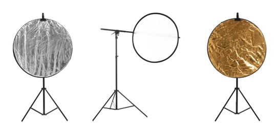 Image of Professional reflectors on white background, set. Photo studio equipment