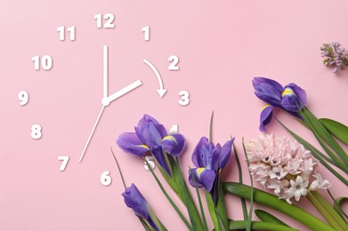 Image of Clock and flowers on pink background, top view. Arrow showing time change one hour ahead in spring. Daylight saving time