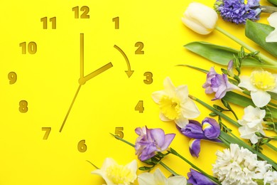 Image of Clock and flowers on yellow background, top view. Arrow showing time change one hour ahead in spring. Daylight saving time