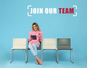 Join Our Team announcement. Young woman with tablet waiting for job interview on light blue background. Human resource