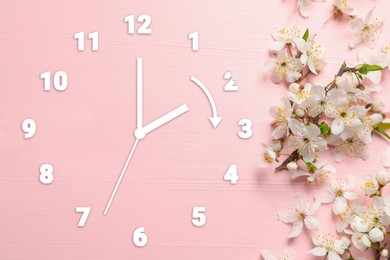 Image of Clock and flowers on pink wooden background, top view. Arrow showing time change one hour ahead in spring. Daylight saving time