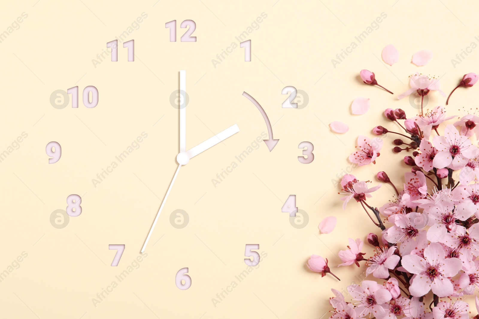 Image of Clock and blossoming branch with pink flowers on beige background, top view. Arrow showing time change one hour ahead in spring. Daylight saving time