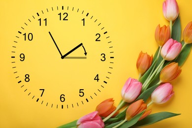 Image of Clock and flowers on orange background, top view. Arrow showing time change one hour ahead in spring. Daylight saving time