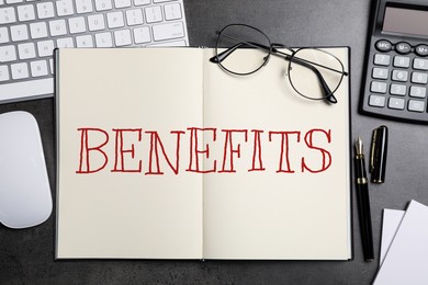 Image of Benefits word in notebook, calculator, eyeglasses, pen, computer keyboard and mouse on black table, top view