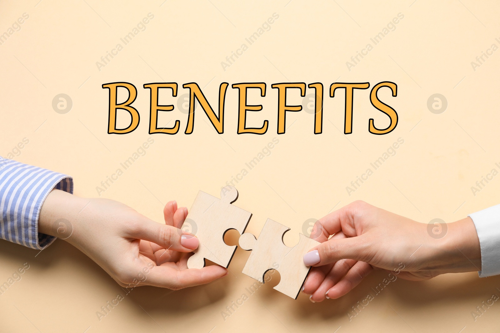 Image of Benefits. Women joining jigsaw puzzle pieces on beige background, top view