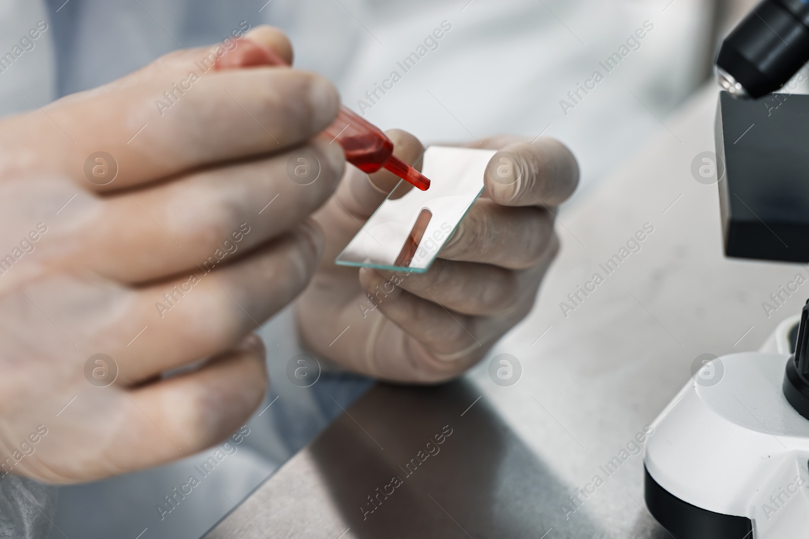 Photo of Scientist dripping blood sample onto glass slide in laboratory, closeup