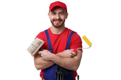 Photo of Professional painter with tools on white background