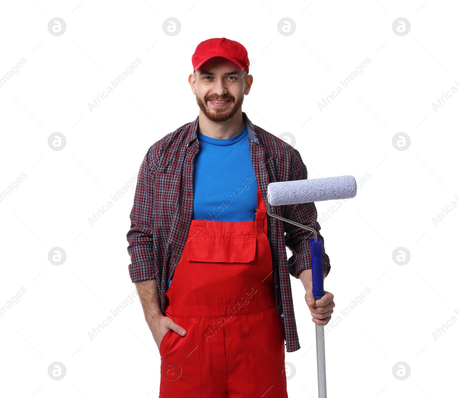 Photo of Professional painter with roller on white background