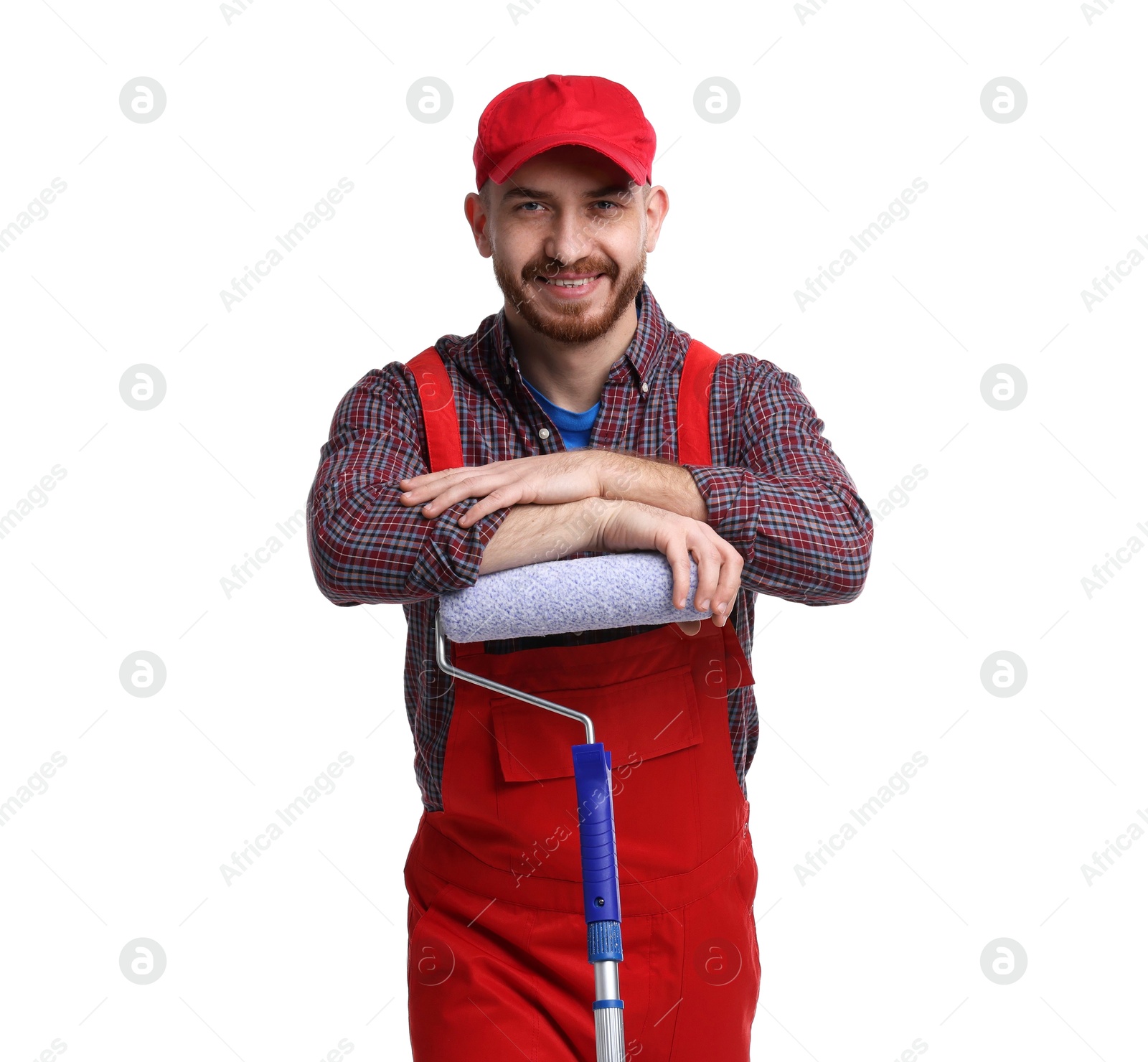 Photo of Professional painter with roller on white background