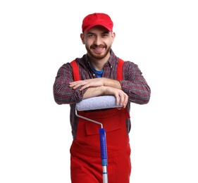 Photo of Professional painter with roller on white background