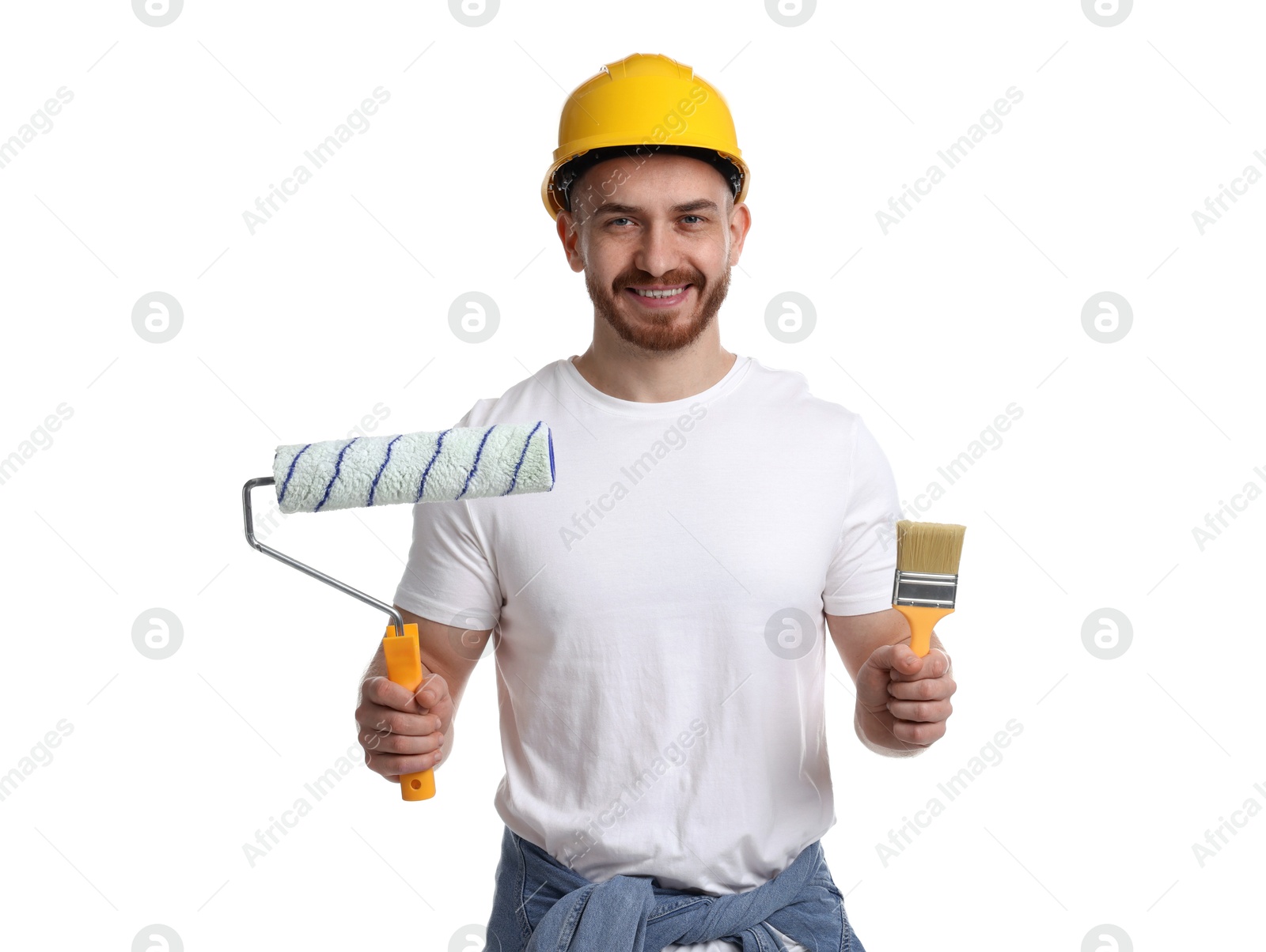 Photo of Man wearing hardhat with roller and brush on white background