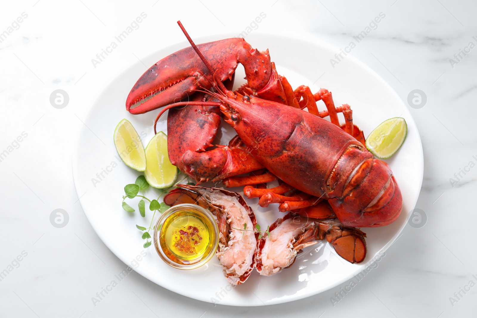 Photo of Delicious boiled lobster served on marble table, top view