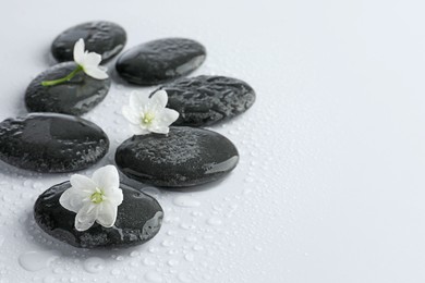 Photo of Wet spa stones and beautiful flowers on white background, closeup. Space for text