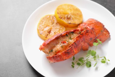 Photo of Delicious lobster tail with microgreens and slices of lemon on grey table, closeup