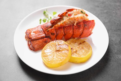 Photo of Delicious lobster tail with microgreens and slices of lemon on grey textured table, closeup