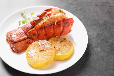 Photo of Delicious lobster tail with microgreens and slices of lemon on grey textured table, closeup