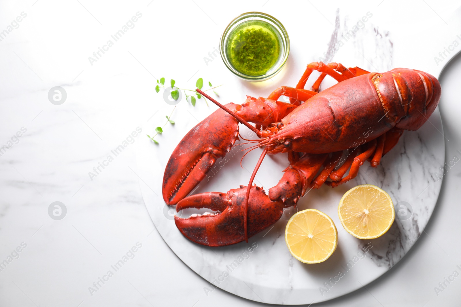 Photo of Delicious boiled lobster with oil, microgreens and lemon pieces on white table, top view. Space for text