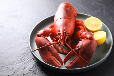 Delicious boiled lobster with lemon pieces on black table, closeup