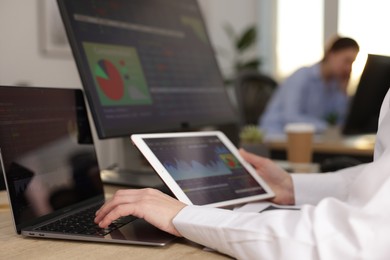 Photo of Stock exchange. Woman working at desk in office, closeup