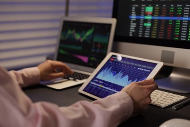 Photo of Stock exchange. Woman working in office at night, closeup