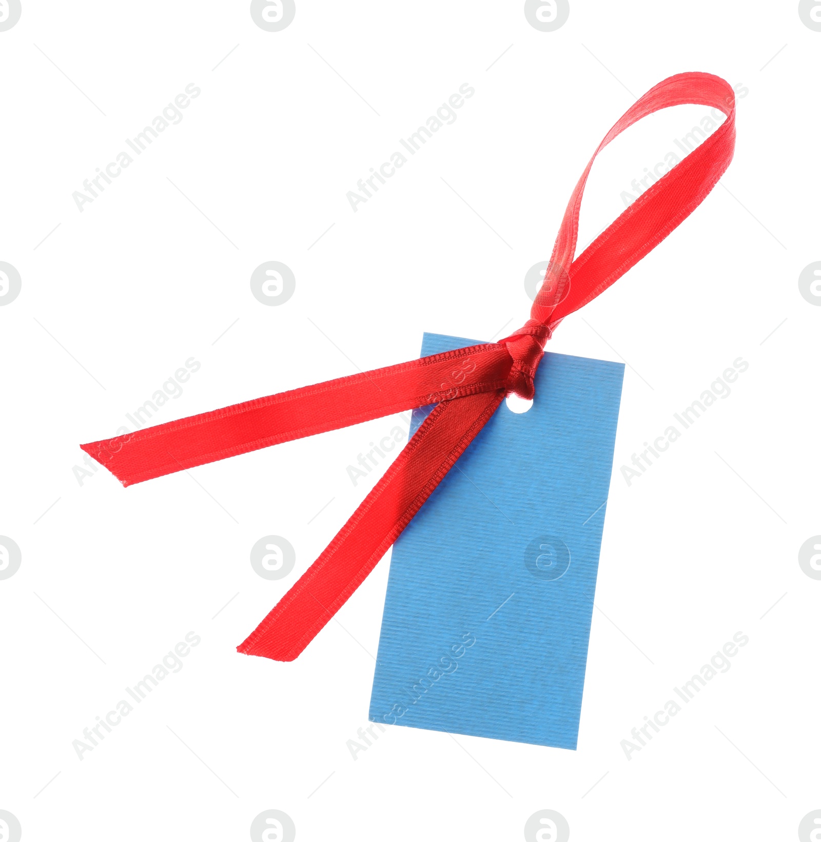 Blank tag with ribbon isolated on white Photo of Blank tag with ribbon isolated on white