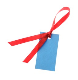 Photo of Blank tag with ribbon isolated on white